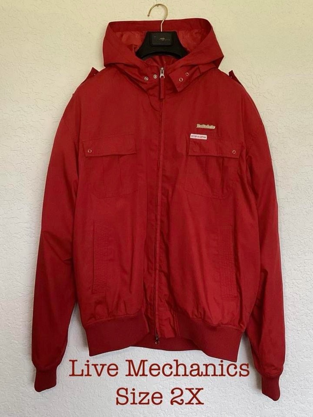 Live Mechanics Y2K Victory Is Certain Hooded Bomber Jacket Red Men's 2XL